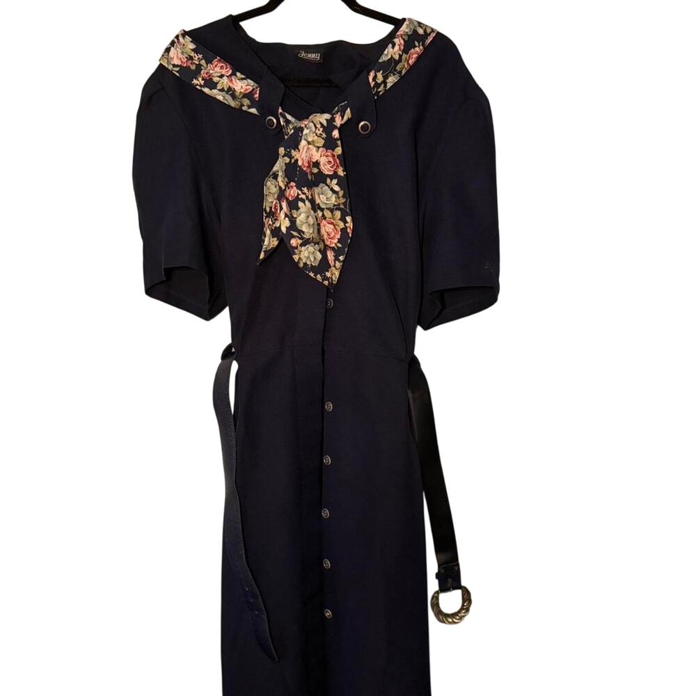 Jenny Vintage Navy Blue Floral Collar Button Front Belted Midi Dress Made in USA